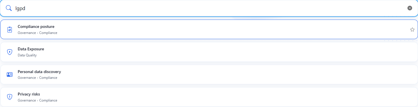 Search pages field with the word lgpd typed and the list of screens found