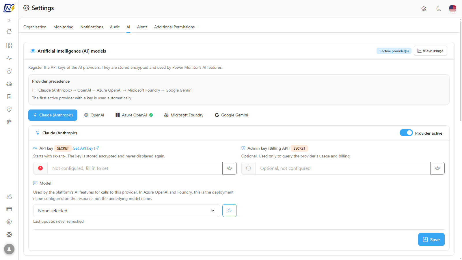 AI tab with the provider precedence and the form of the selected provider