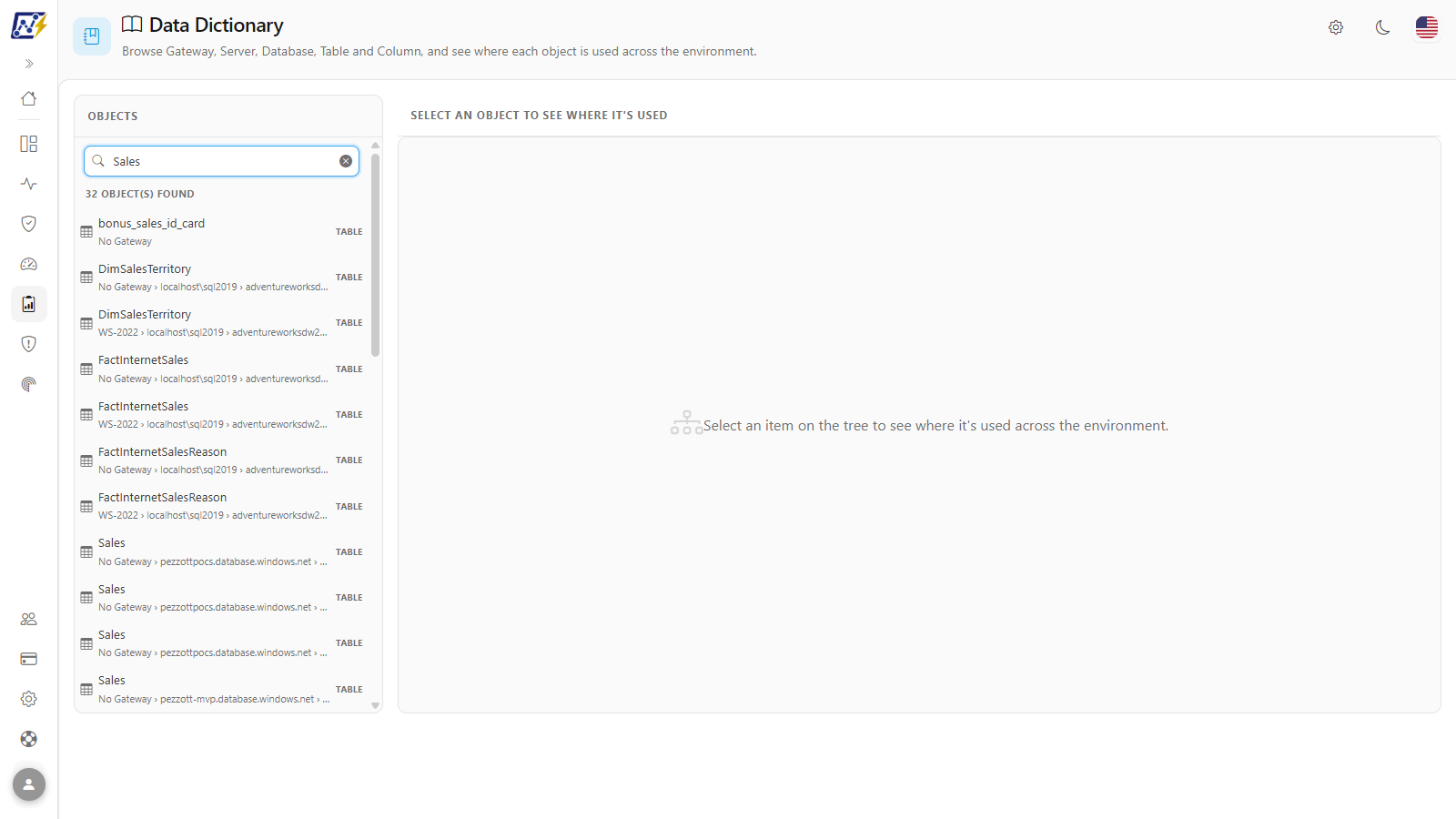 Search results in the Data Dictionary