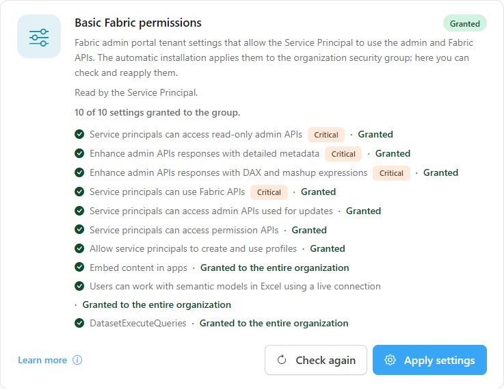 Basic Fabric permissions card with the list of tenant settings and their statuses