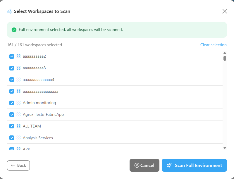 List of workspaces with a selection counter and the Start Filtered Scan button