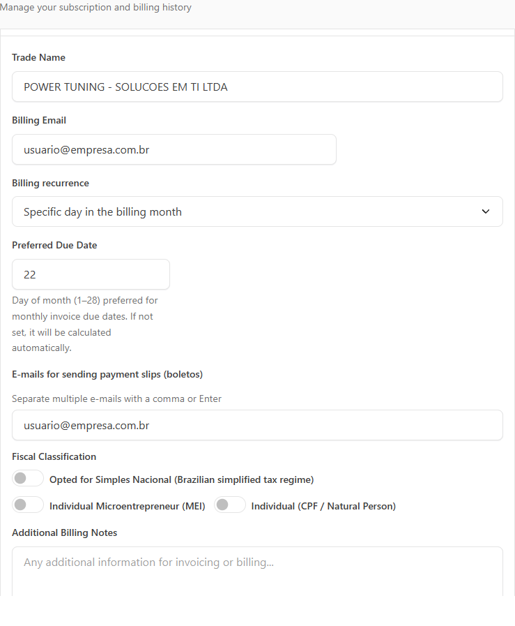 Billing Settings card with billing email, recurrence, due date, emails for payment slips and fiscal classification