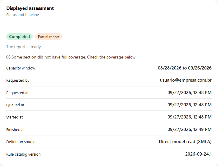 Displayed assessment card with status, coverage badge and the assessment timeline