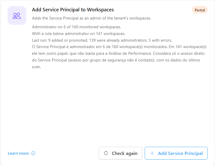 Add Service Principal to Workspaces card with the workspace count and the last execution