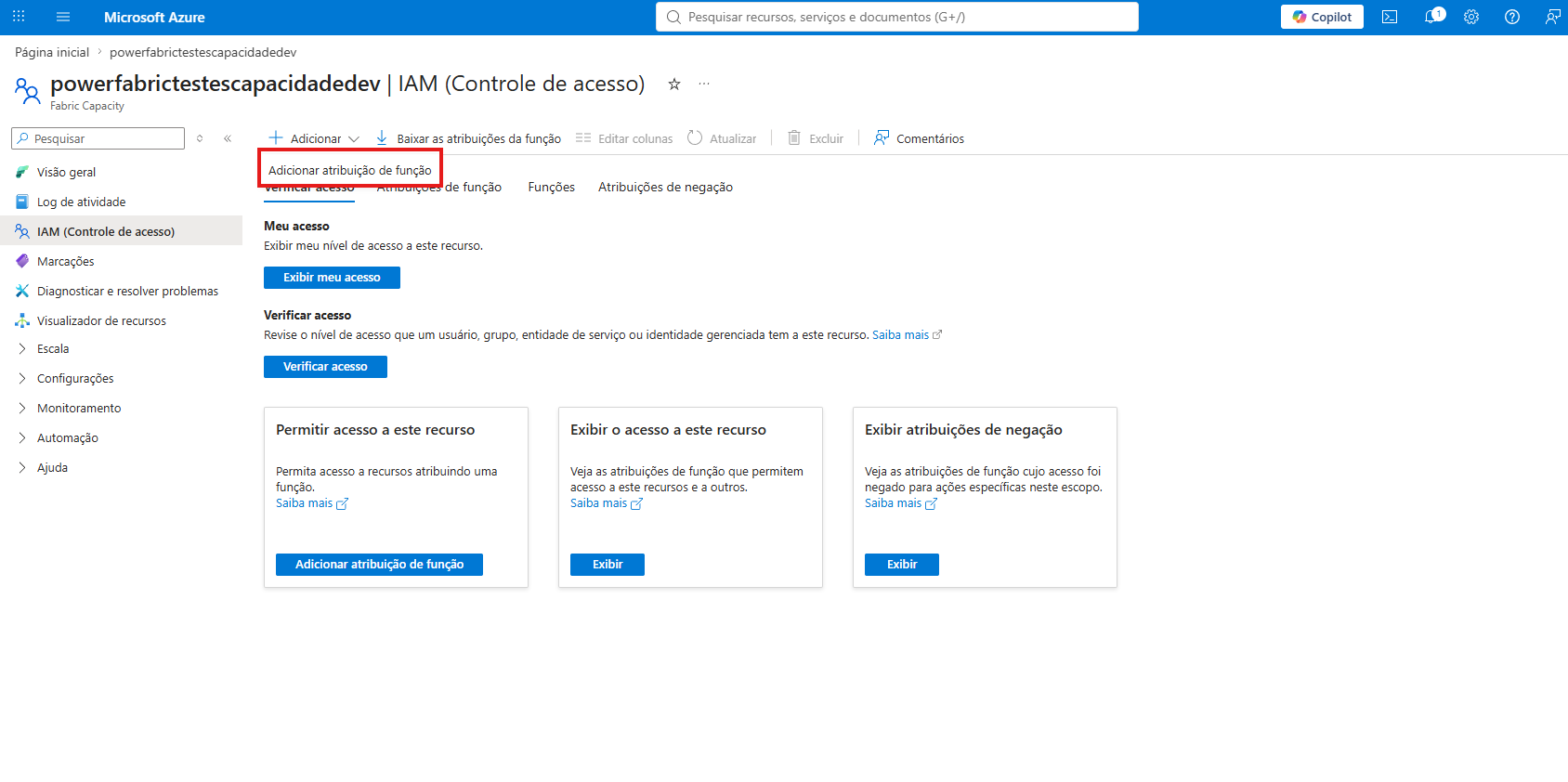 Access control (IAM) menu of the resource