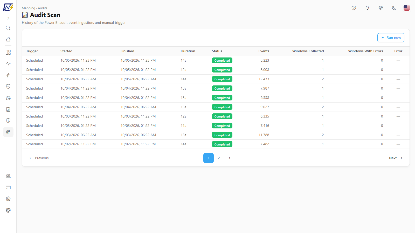 Audit screen with the ingestion history