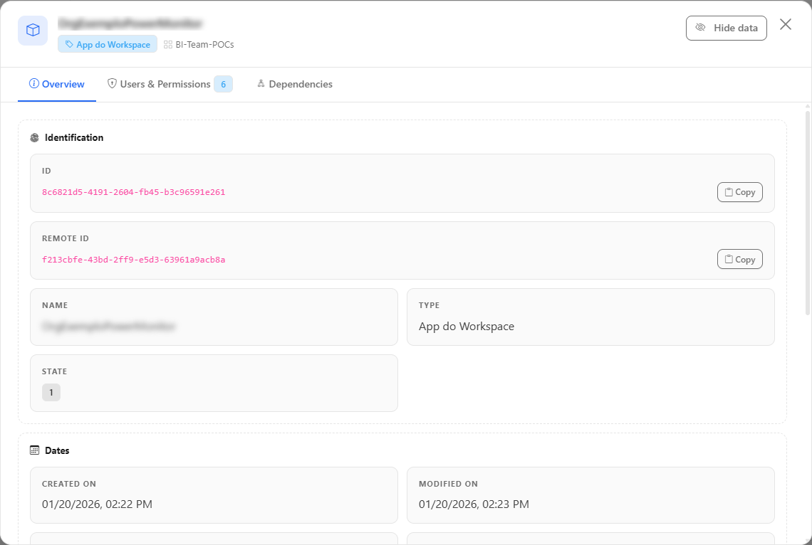 Details modal of a workspace app on the Overview tab, with the Identification, Dates, Capacity and location and Technical details sections
