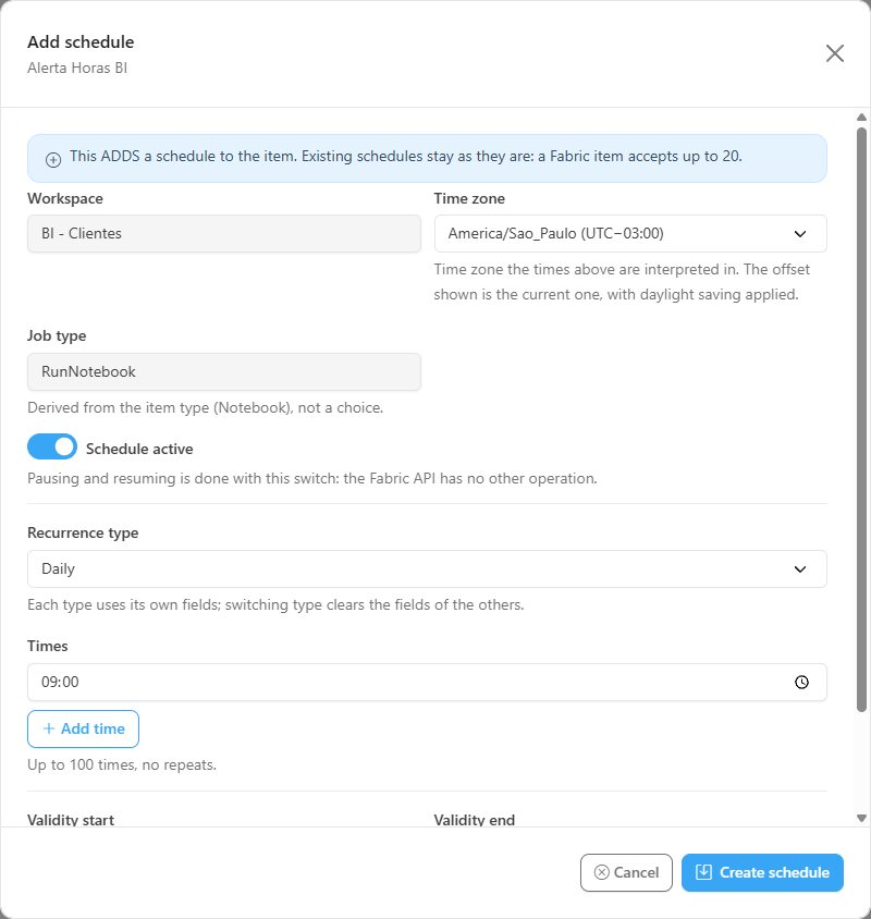 Add schedule form with time zone, job type, Schedule active switch, Daily recurrence and validity