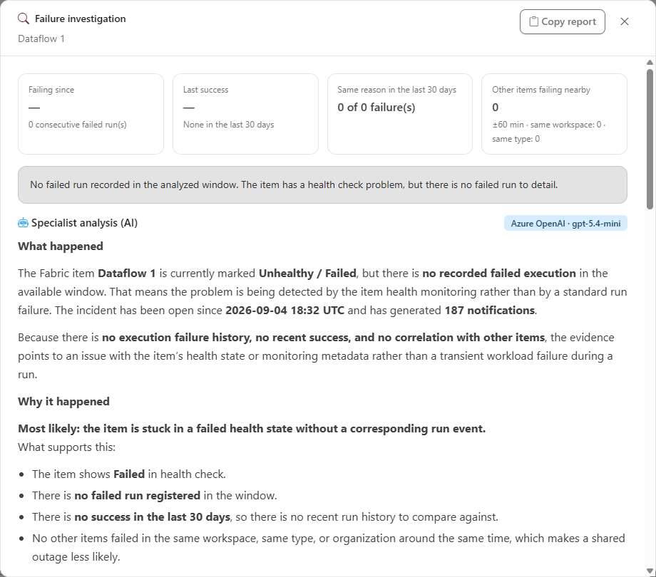 Failure investigation modal of a Fabric item with the summary, the failure reason, the latest runs, and the AI analysis