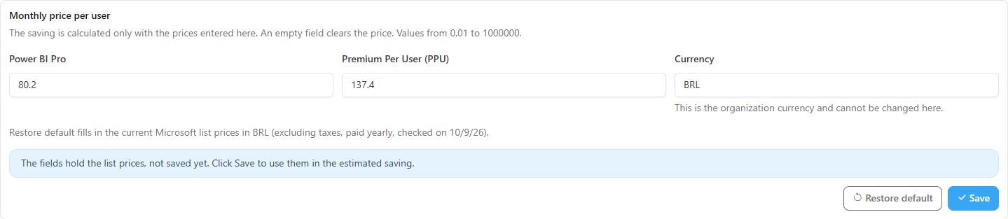 Monthly price per user form with the Power BI Pro, Premium per user (PPU) and Currency fields