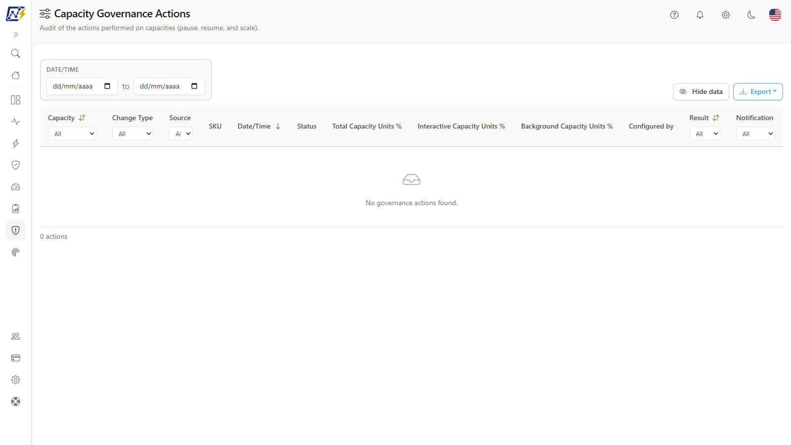 Capacity Governance Actions with filters and the list of actions