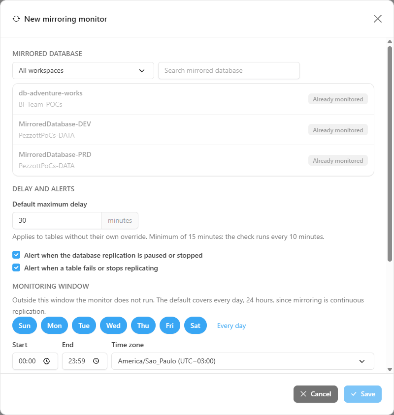 New mirroring monitor modal with mirrored database, delay, window, and recipients