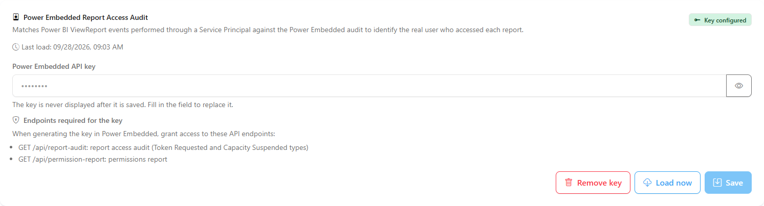 Power Embedded Report Access Audit card with the API key field