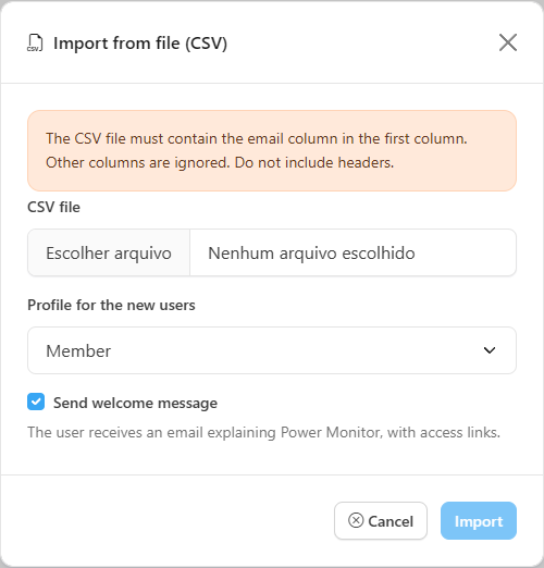 Import from file (CSV) modal with the file selector and the Profile for the new users