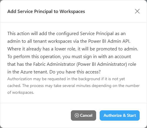 Add Service Principal to Workspaces modal with the Cancel and Authorize & Start buttons