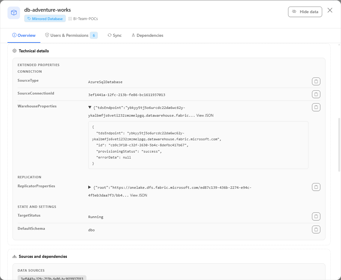 Overview tab of a Fabric item with the indicators at the top, the Identification and Dates sections and the Technical details section with the properties grouped into Connection and State and settings