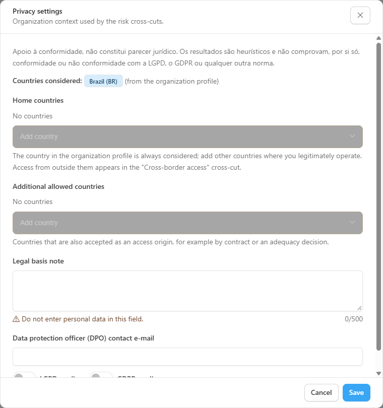 Privacy settings window with the Home countries, Additional allowed countries, Legal basis note and Data protection officer contact e-mail fields