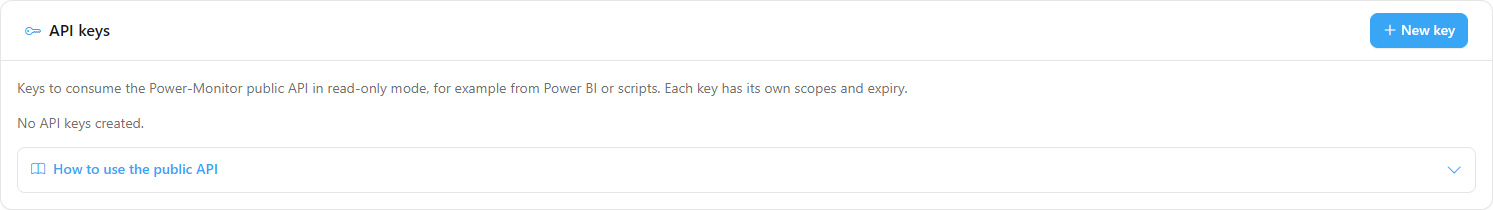 API keys card with the list of keys, the state of each one and the Revoke button