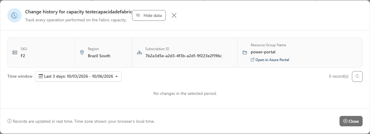 Capacity Change History modal