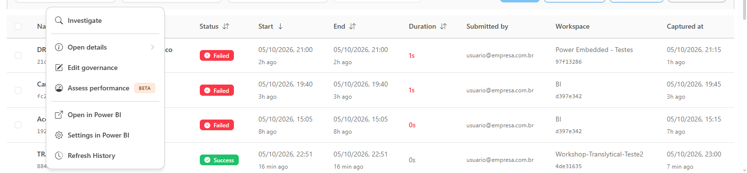Right-click menu open over a failed row, with the Investigate item first