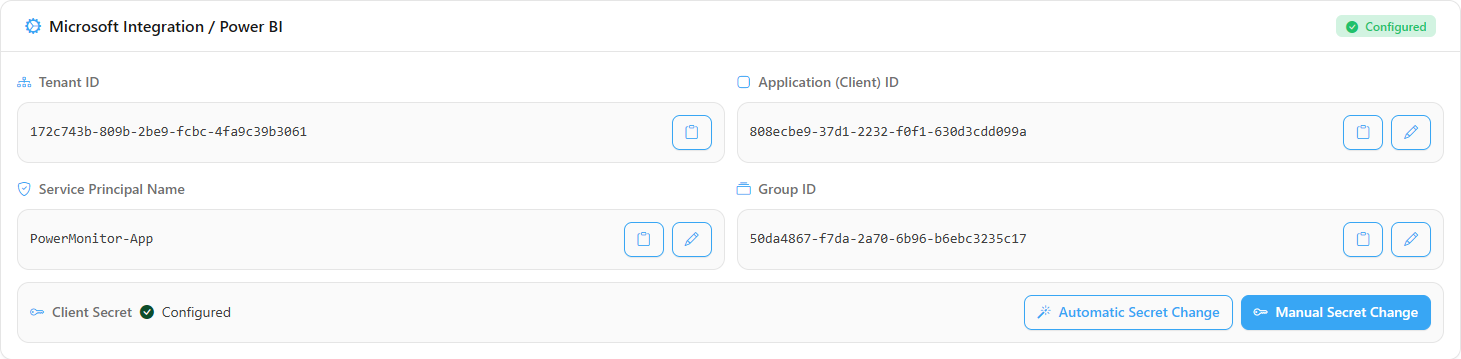 Microsoft Integration / Power BI card with Tenant ID, Application (Client) ID, Service Principal Name, Group ID and Client Secret