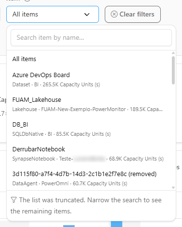 Item selector open with the Search item by name field
