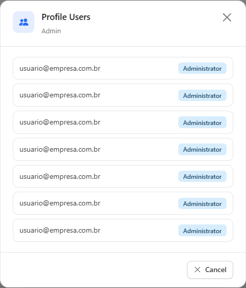 Profile Users window with the list of emails and roles