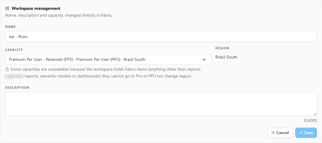 Workspace management card in edit mode, with the Name, Capacity, Region and Description fields and the Cancel and Save buttons