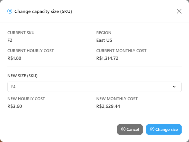 Change capacity size (SKU) modal with a new SKU selected and the new cost preview
