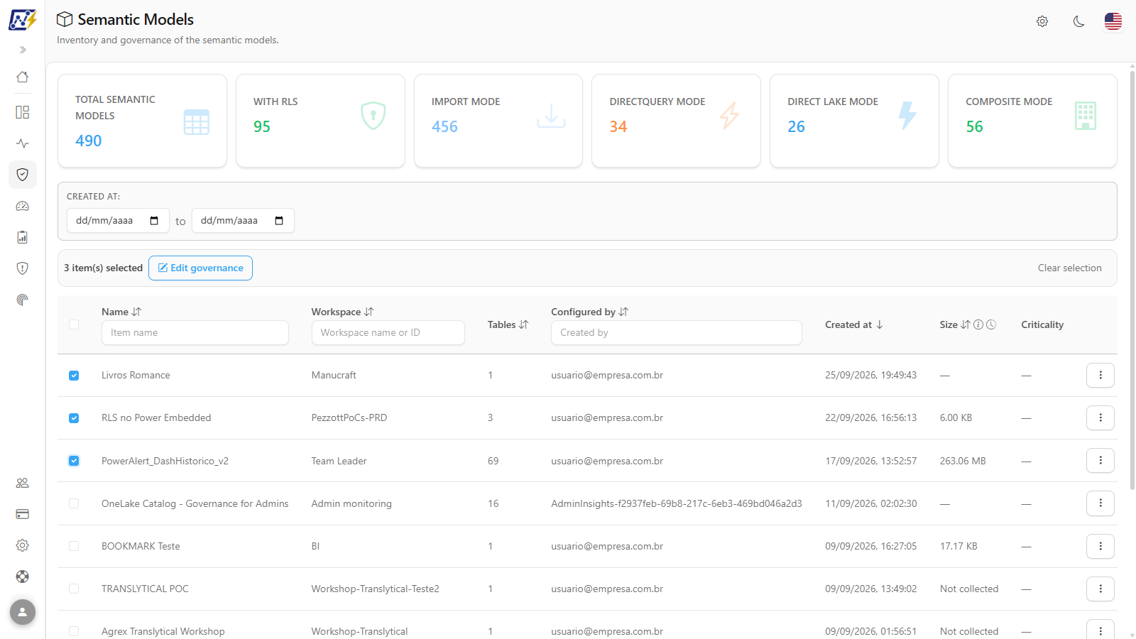 Selection bar with the text 3 item(s) selected and the Edit governance and Clear selection buttons