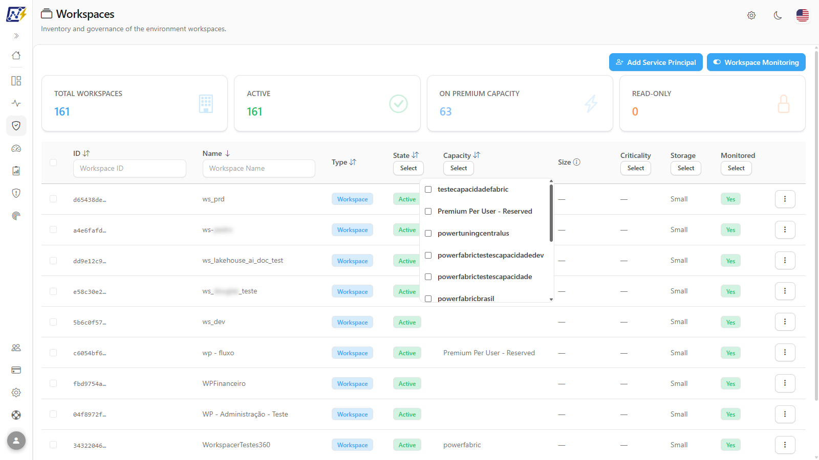 Selection list of the Capacity filter open, with the tenant's capacities and the No capacity option