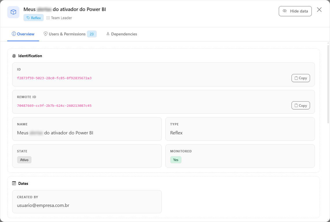 Details modal of a real-time artifact on the Overview tab