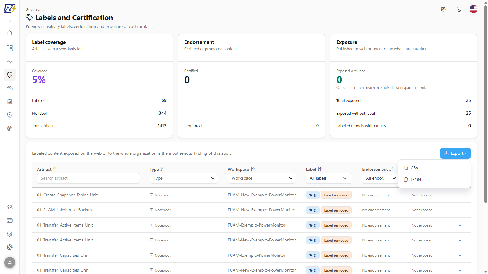 Export menu open with the CSV and JSON options