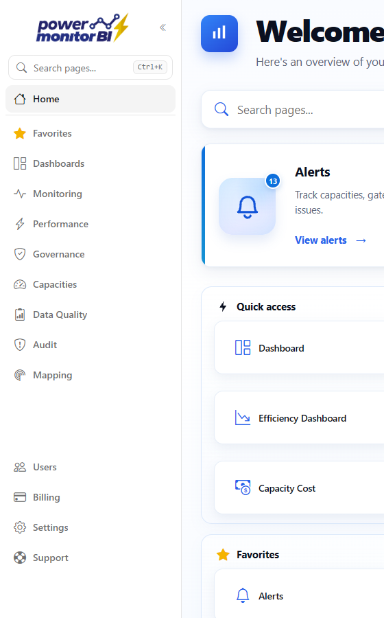 Main menu expanded with the search field, Home, Favorites and the domain names