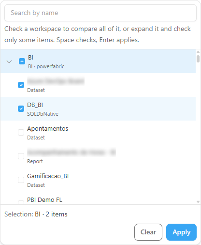 Workspace entity selector open, with the workspace tree, one workspace expanded with checked items and the Apply and Clear buttons