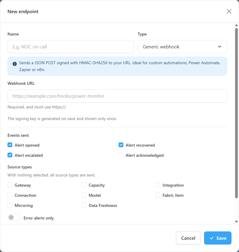 New endpoint modal with name, type, URL, events sent, source types and severity options