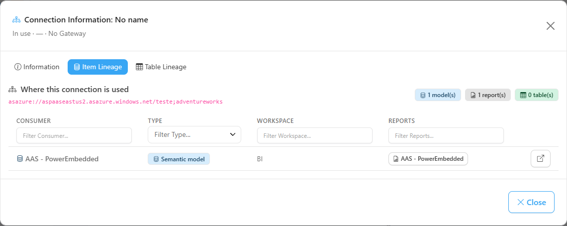 Item Lineage tab of the connection modal
