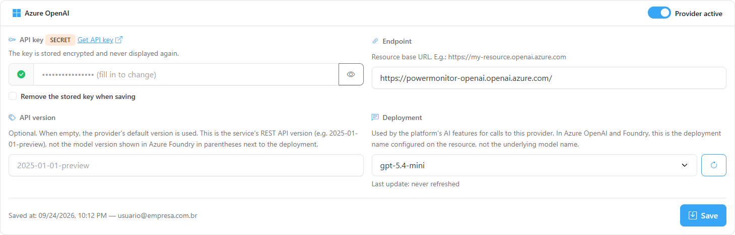 Azure OpenAI form with the Endpoint, API version and Deployment fields
