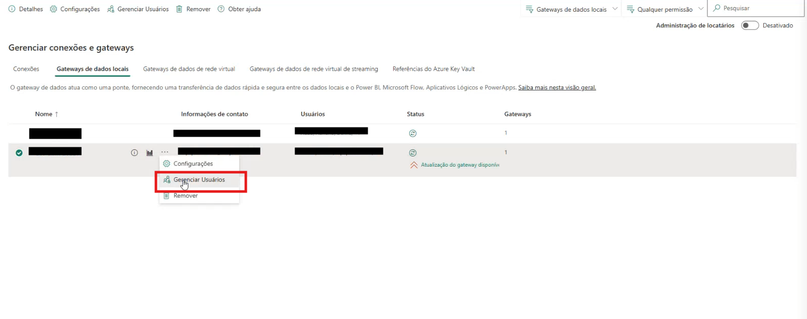 Gateway Manage users option