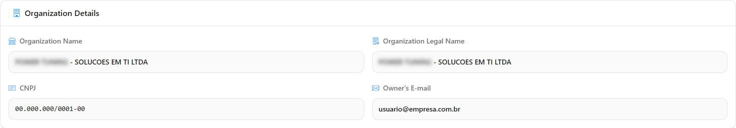 Organization Details card with Trade Name, Legal Name, CNPJ and Owner's E-mail