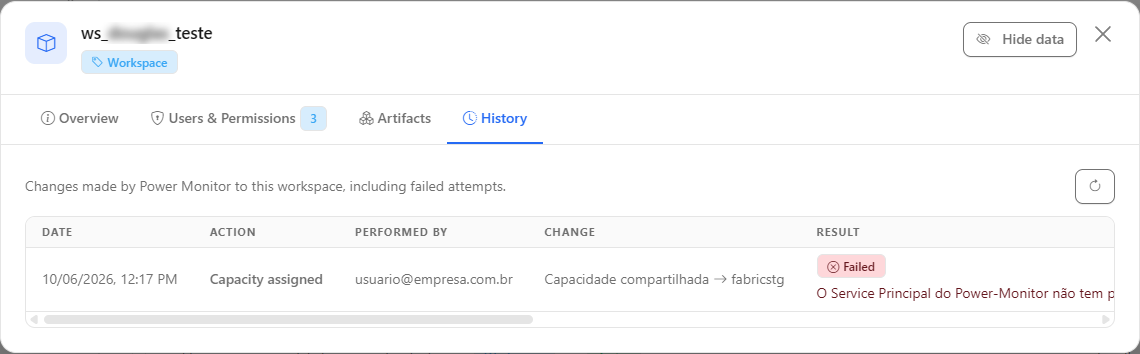 History tab of the workspace modal with the Date, Action, Performed by, Change and Result columns
