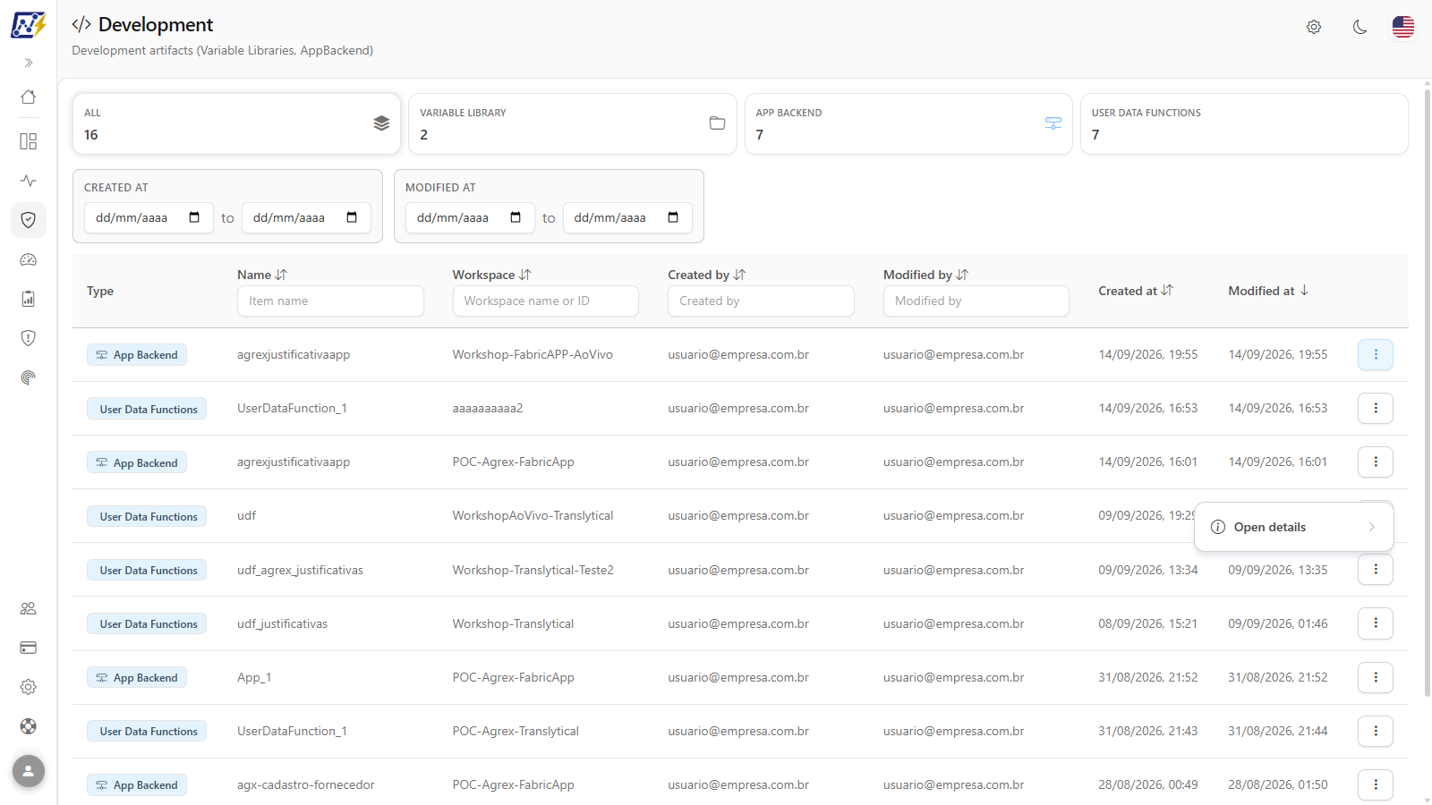 Row actions menu with the Open details submenu