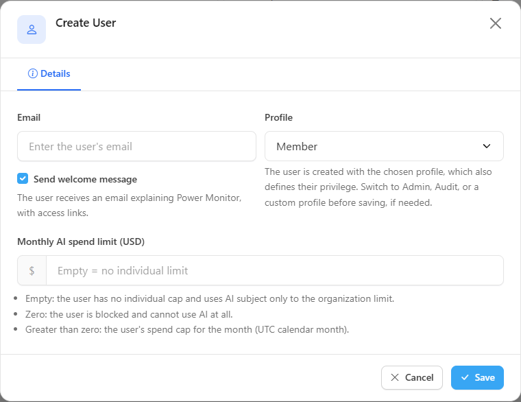 Create User modal with the Email, Profile and Monthly AI spend limit fields and the Send welcome message option