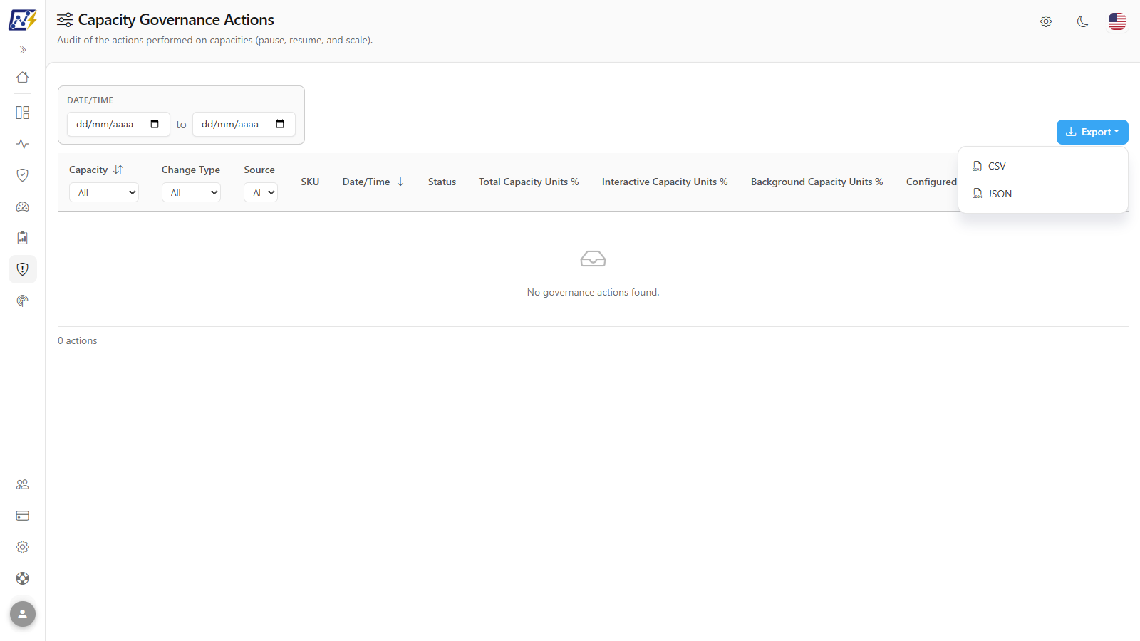 Export menu open with the CSV and JSON options