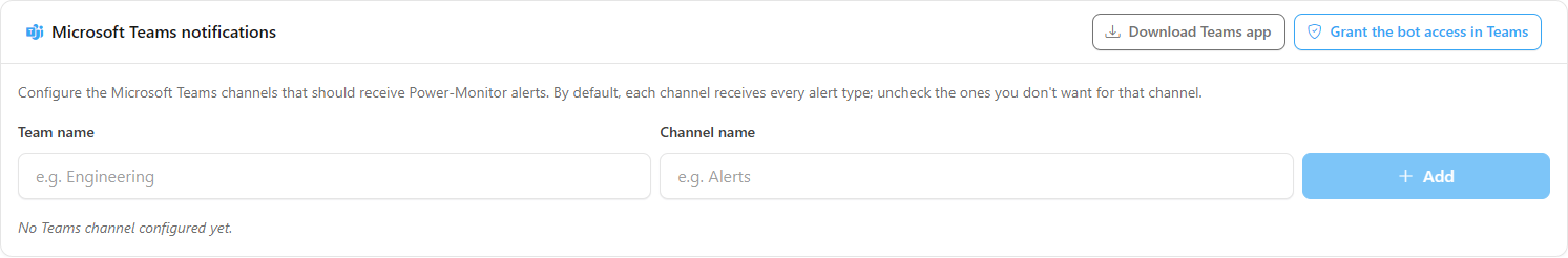 Microsoft Teams notifications section with the consent and app download buttons and the list of channels