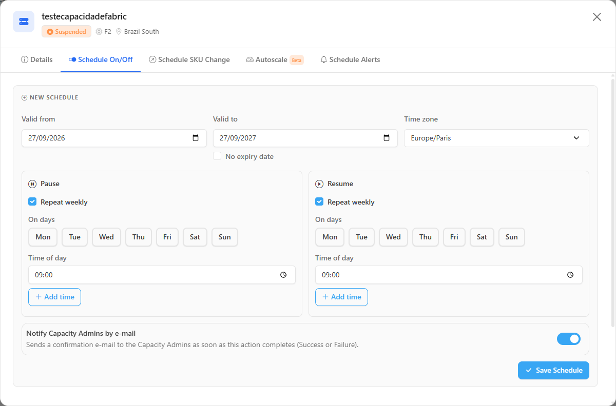 Capacity details with the scheduling tabs