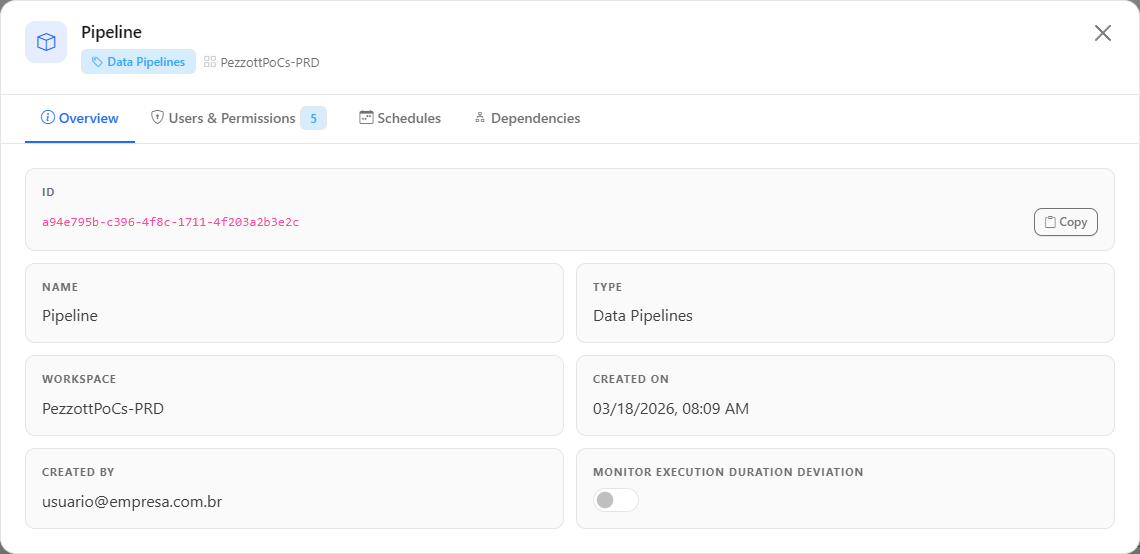 Overview tab of a Data Pipeline with the Monitor execution duration deviation switch