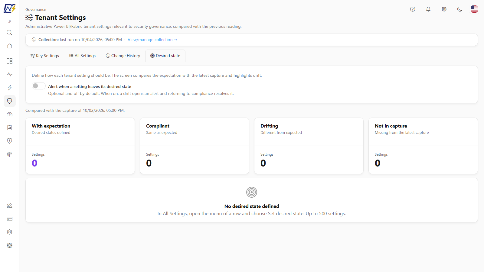 Desired state tab with the With expectation, Compliant, Drifting and Not in capture cards and the table comparing expected with current