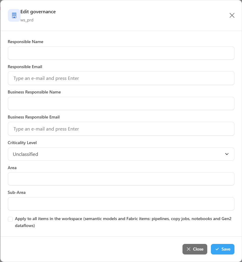 Workspace Edit governance modal with the owner, criticality, area and sub-area fields