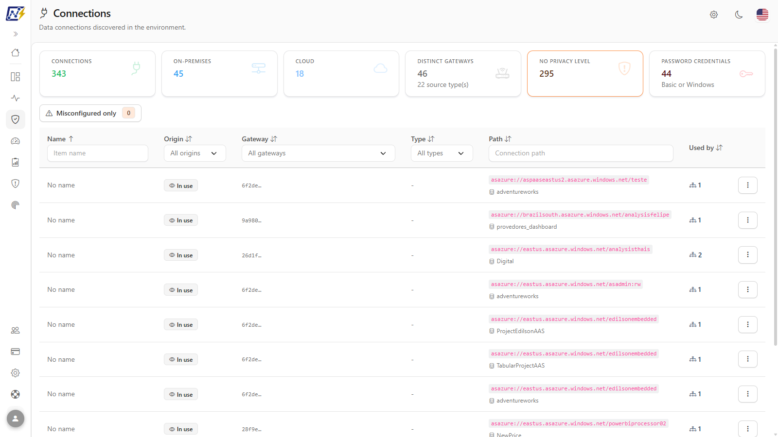 Connections screen with the KPIs, the Misconfigured only button and the unified table